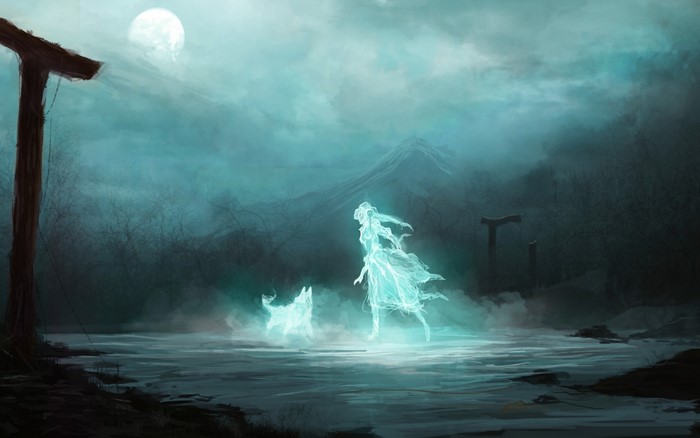 Ghostly woman and dog in misty landscape