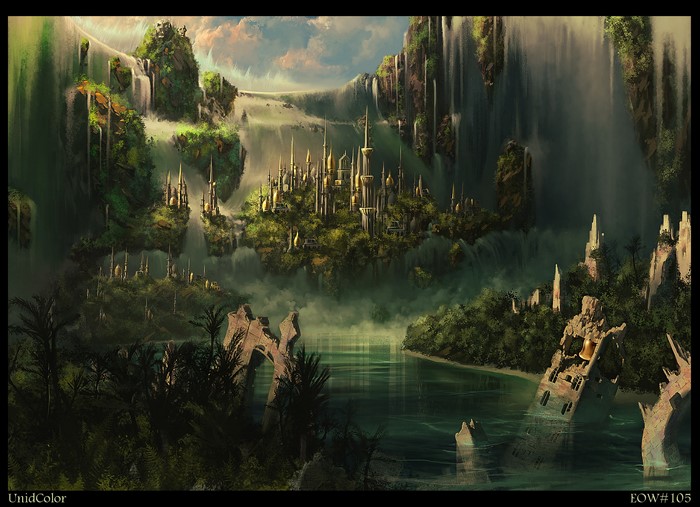 Fantasy floating islands with waterfalls and a city