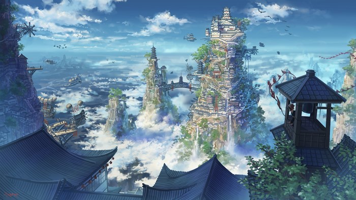 Anime landscape with floating islands and airships