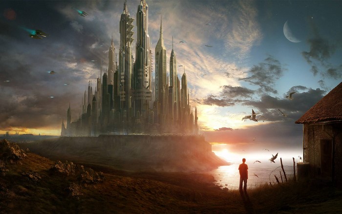 Futuristic city on a cliff overlooking the ocean at sunset