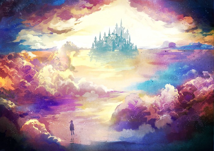 Floating Castle with Ferris Wheel in Colorful Sky