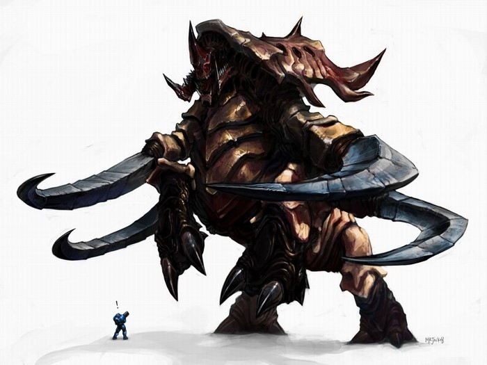 Zerg Ultralisk from Starcraft facing a marine
