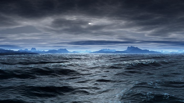 Dark Ocean with Distant Islands Under Cloudy Sky