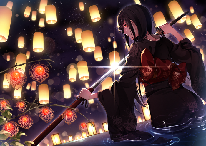 Girl in Kimono with Katana and Lanterns