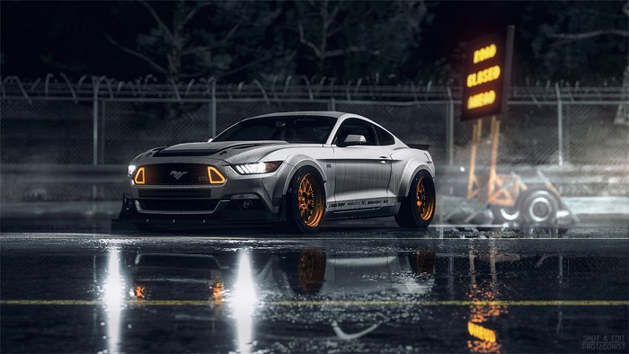 Silver Ford Mustang RTR with Orange Wheels at Night