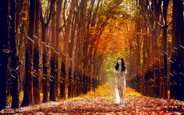 Woman in a dress walking in a forest