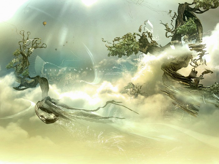 Surreal floating trees and hot air balloons
