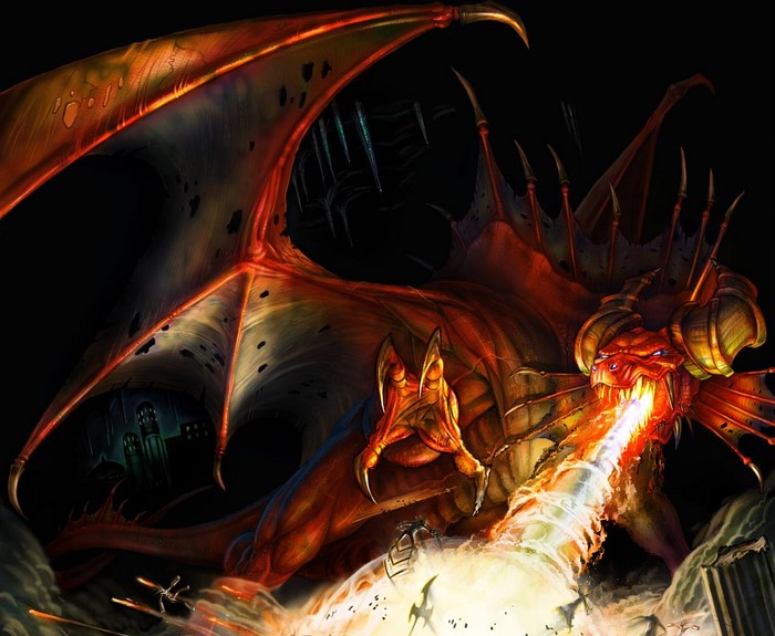 Dragon breathing fire in a dark fantasy setting