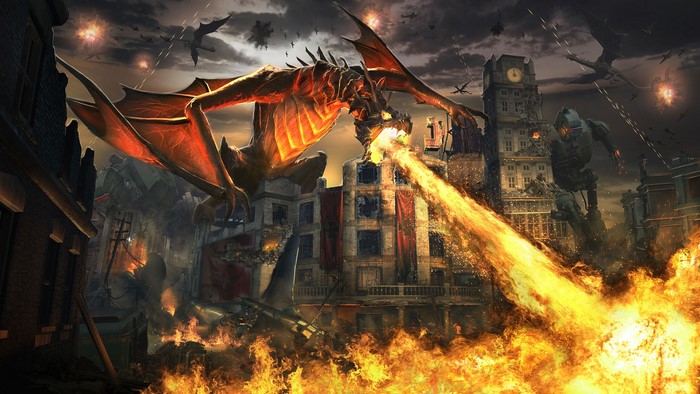 Dragon attacking a city with a robot and planes