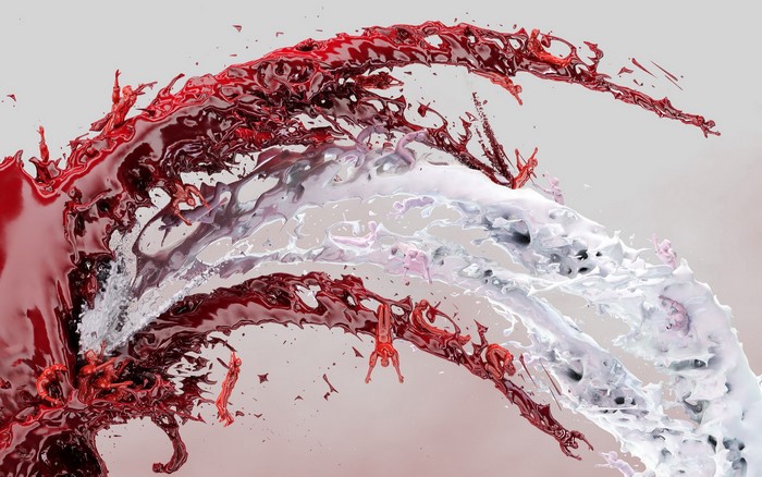 Abstract red and white liquid splash with figures