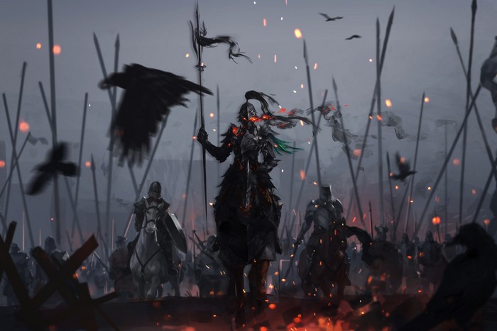 Dark knights on horseback with crows and spears