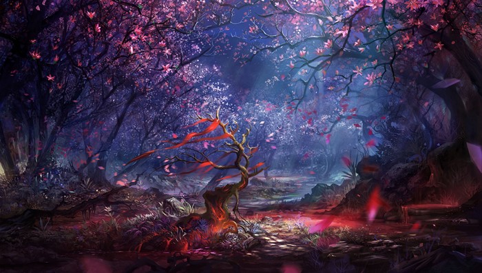 Fantasy forest with pink and purple trees