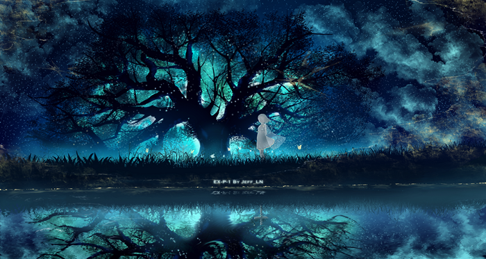 Anime girl under a large tree at night