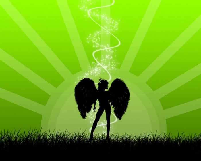 Silhouette of an angel with wings in a green sunburst background