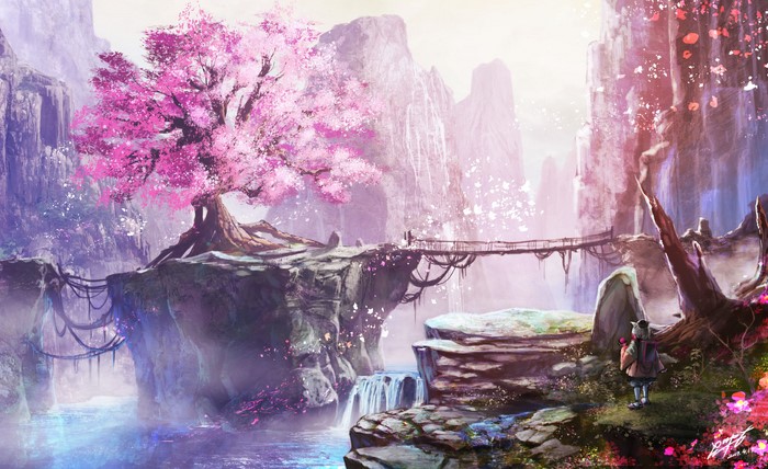 Fantasy landscape with cherry blossoms and a bridge