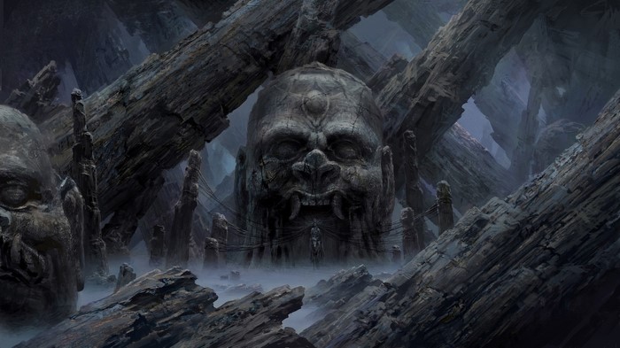 Dark Fantasy Cave with Giant Stone Heads