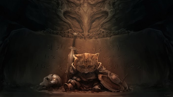 Cat warrior with sword and shield in Skyrim