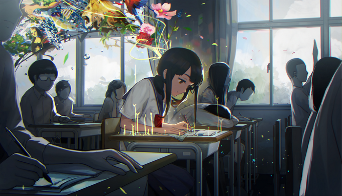 Anime girl in classroom with surreal elements