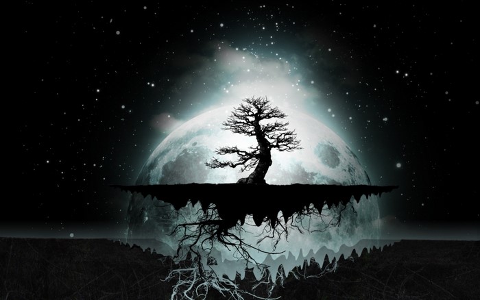 Floating island with tree under a large moon