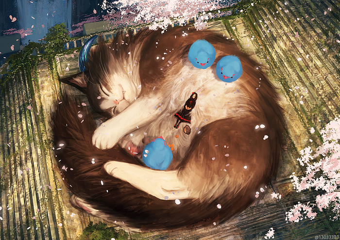 Giant sleeping cat with blue creatures and a girl