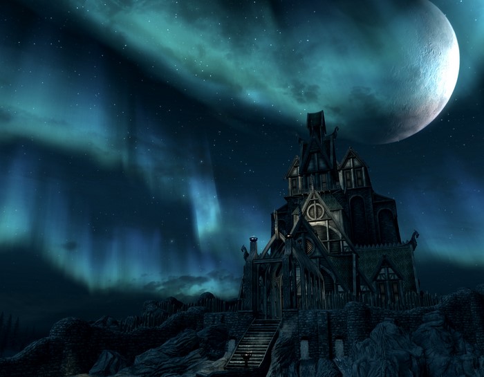 Building under Aurora Borealis and Moon in Skyrim