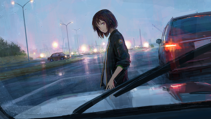 Girl in the rain on a city street