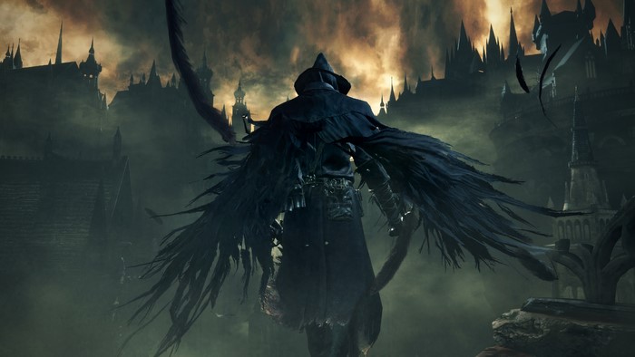 Hunter from Bloodborne in a dark gothic city