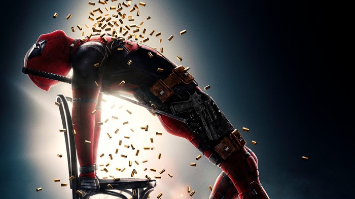 Deadpool Leaning on Chair with Bullets Falling