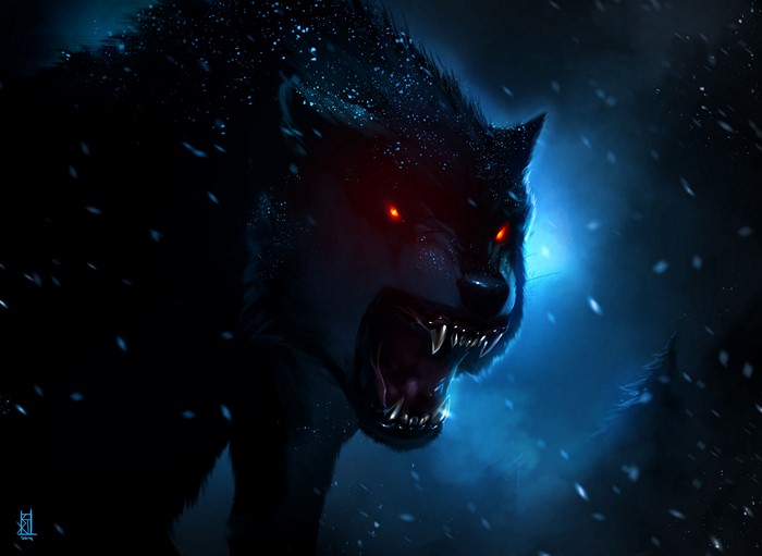 Dark wolf with glowing red eyes in snow