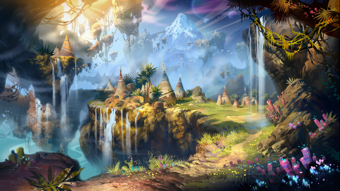 Fantasy floating islands with waterfalls and villages