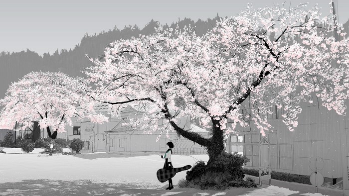 Girl with guitar under sakura tree