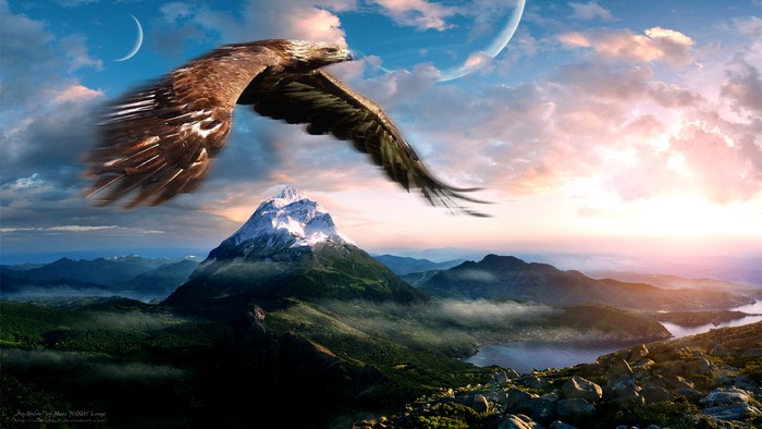 Eagle flying over mountains with planets in the sky