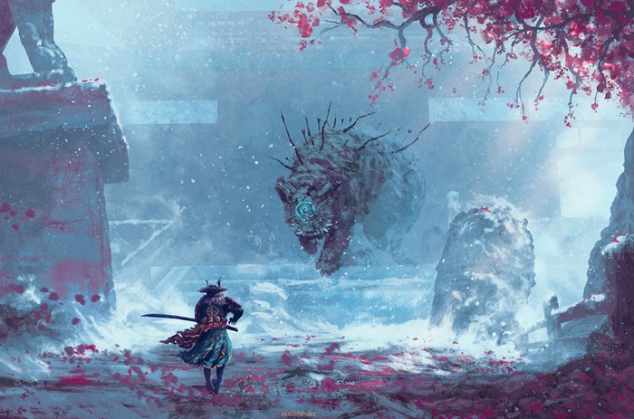 Samurai warrior facing a mythical tiger creature in a snowy landscape