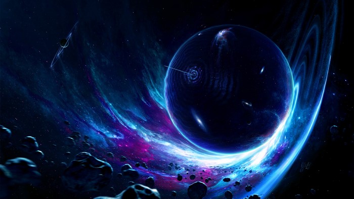 Space black hole with planet and asteroids