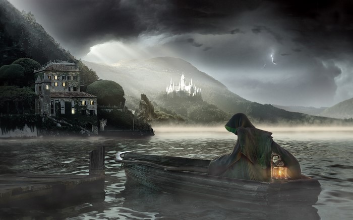 Grim Reaper in a boat on a lake at night