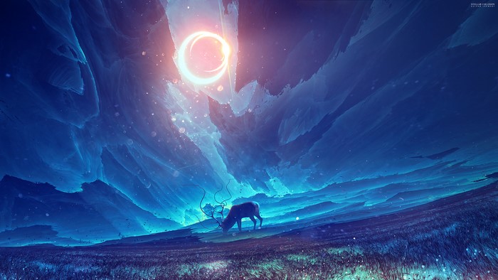 Fantasy landscape with deer and celestial event