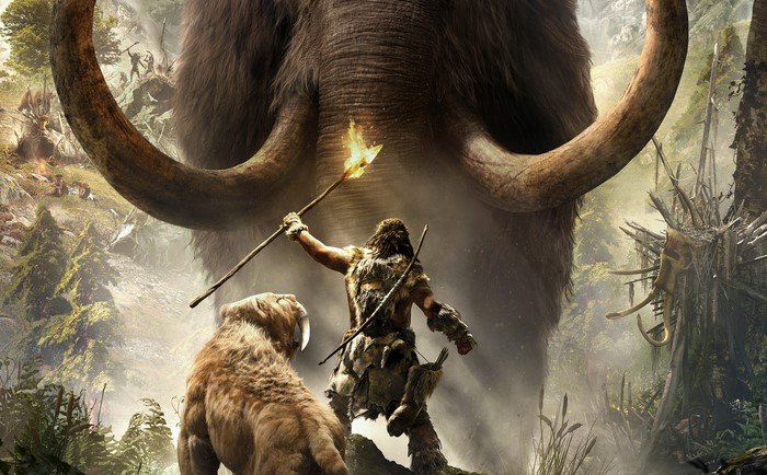 Far Cry Primal: Caveman fights mammoth with saber-toothed cat