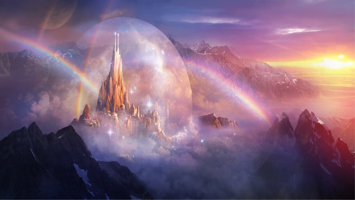 Fantasy Castle on a Mountain Peak with Rainbows