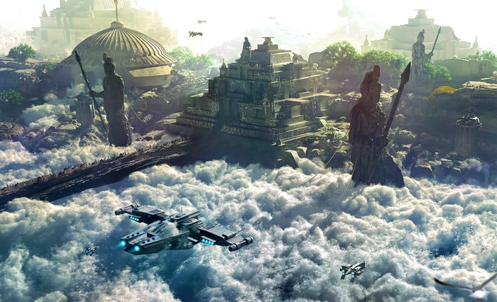 Fantasy city in clouds with spaceships and statues