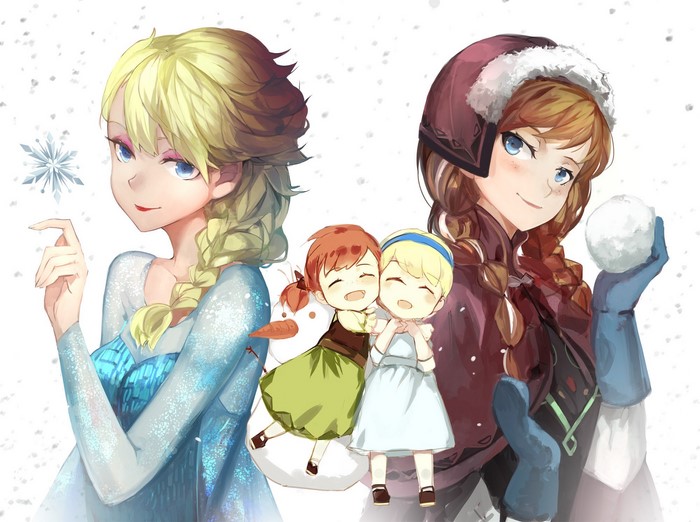 Anna and Elsa Winter Snow Scene with Snowflakes