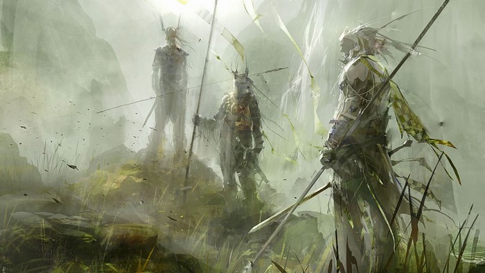 Three warriors with spears in a misty landscape from Guild Wars 2