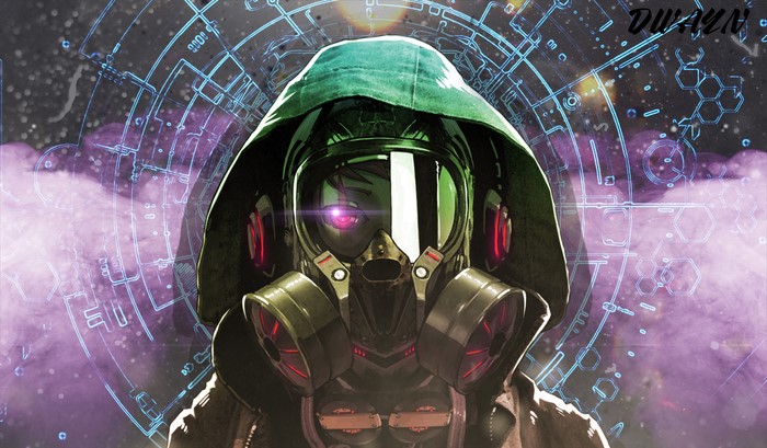 Anime character with gas mask and headphones