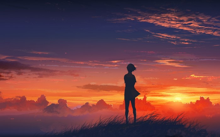 Anime girl standing on a hill at sunset