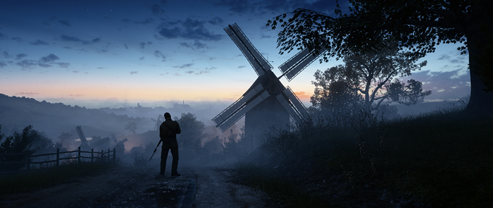 Soldier and windmill in Battlefield 1 landscape