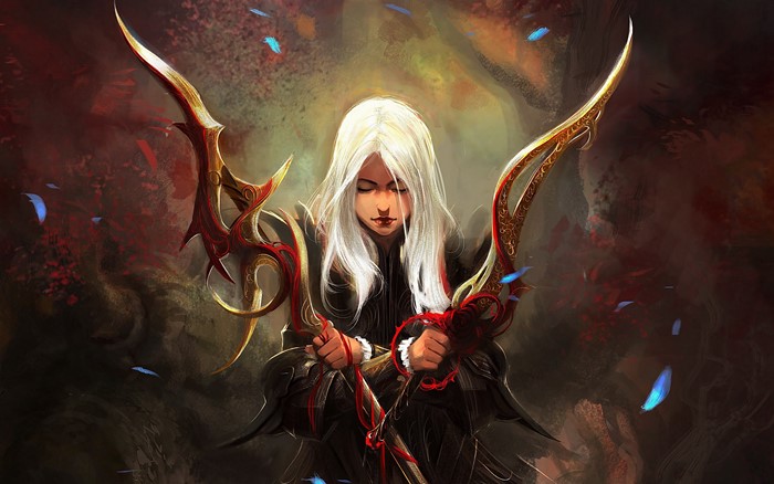 Woman warrior with white hair and ornate daggers