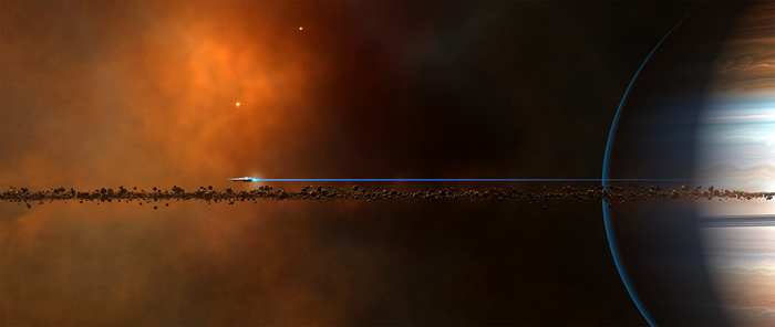 Spaceship flying through asteroid ring near planet