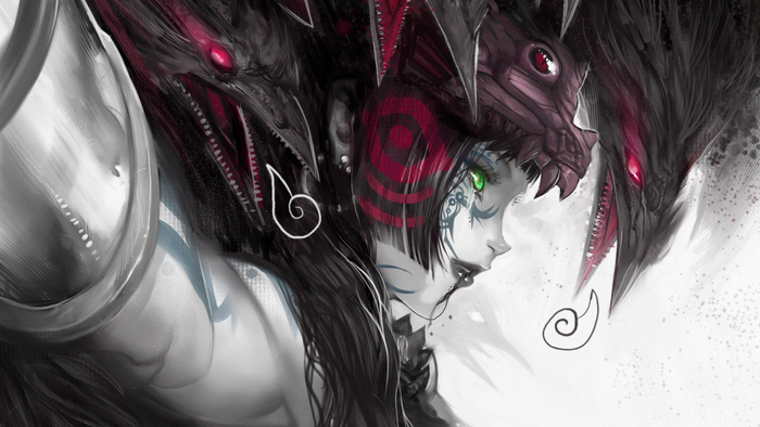 Fantasy girl with dragon-like headwear and tattoos