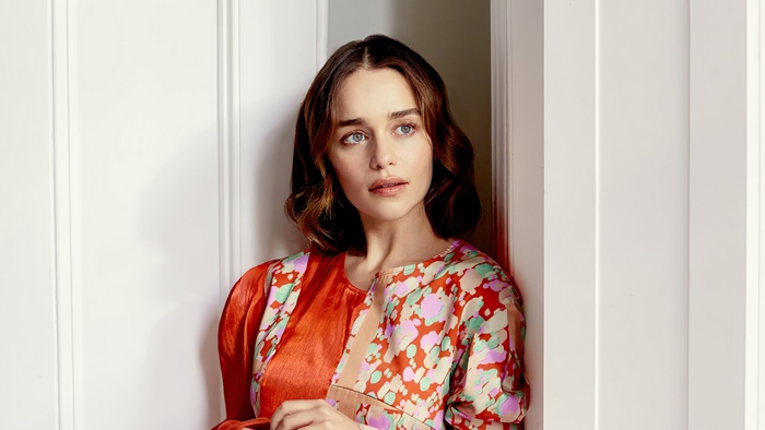 Emilia Clarke in a colorful dress