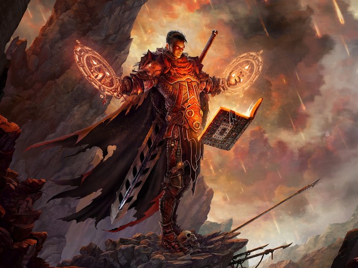Fantasy Mage Warrior Casting Spells from Book