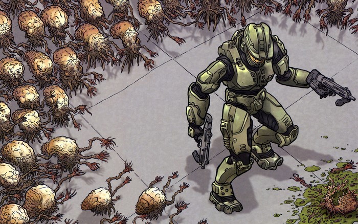 Master Chief from Halo fighting Flood